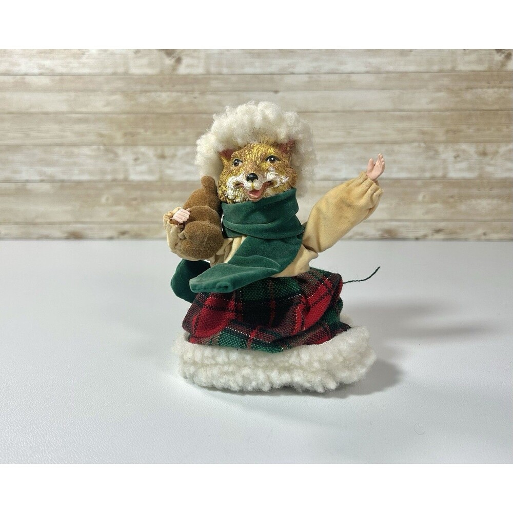 Vtg Rustic Folk Fox Teddy Bear Christmas Ornament Scarf Plaid Skirt Santa Hat